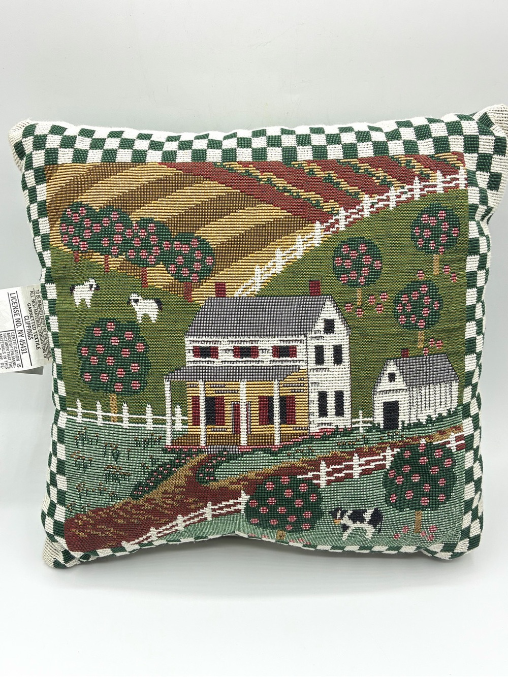 Vintage Farm Scene Tapestry Pillow Apple Orchard Cow USA Made